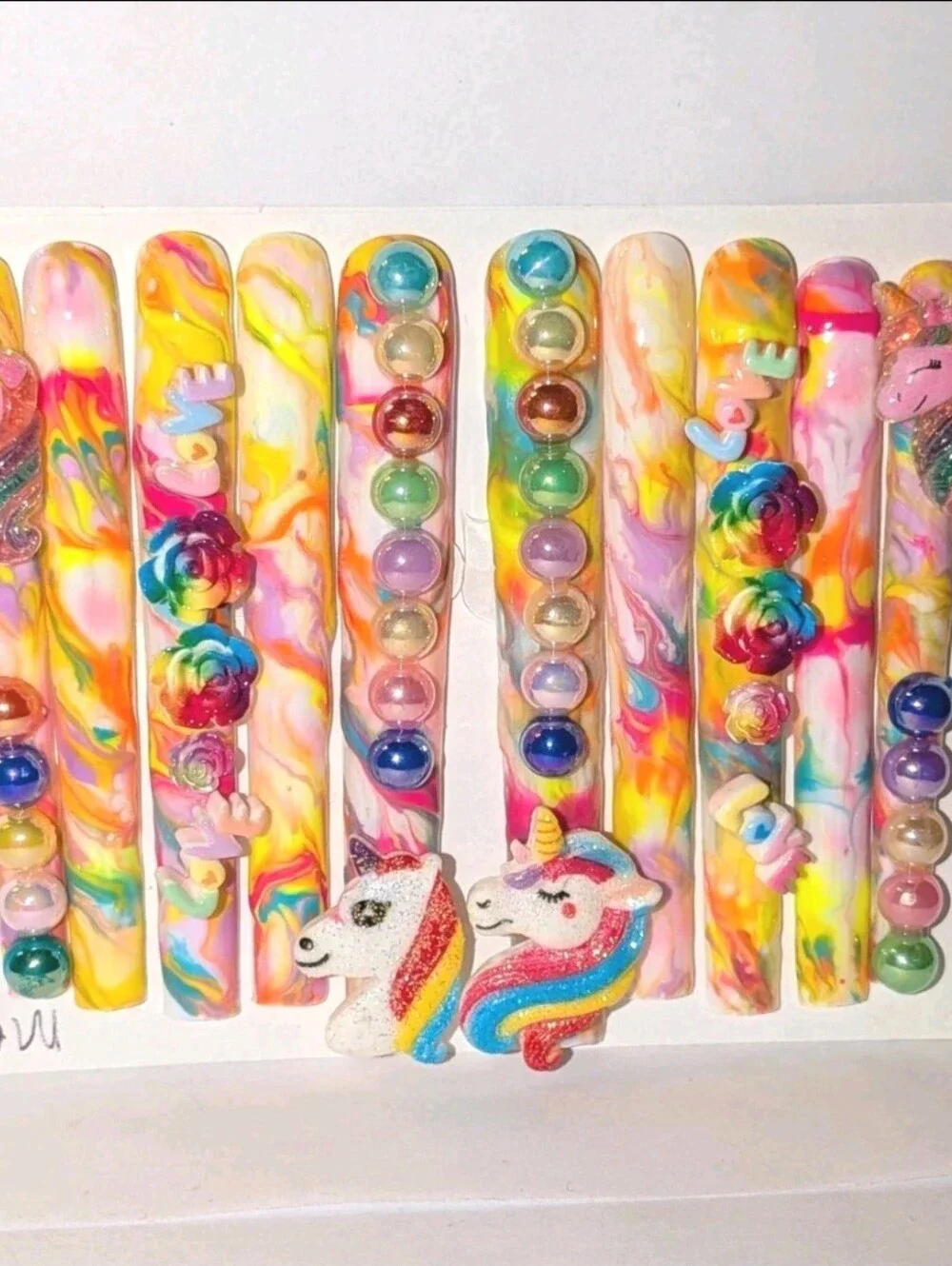 Hand Crafted Multicolor Unicorn 6Xl Press-On Nails with Rainbow Accents Sz Mediu